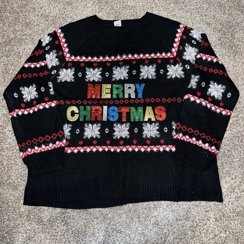 Holiday Time Womens Pullover Ugly Sweater Black Merry Christmas Long Sleeve 2X